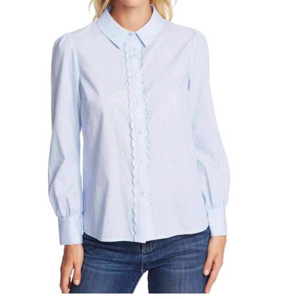 Cece Pin Dot Blouse Scalloped Button Up Blue NWT